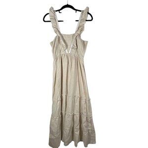 Lanhtropy‎ Tiered Maxi 100% Linen Dress Women’s Size XS Beige Lace Trim boho